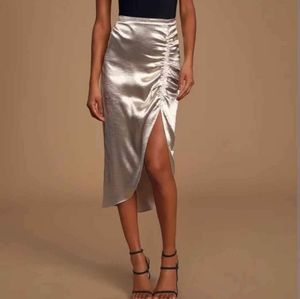 Shiny Dancer Silver Satin Ruched Midi Skirt